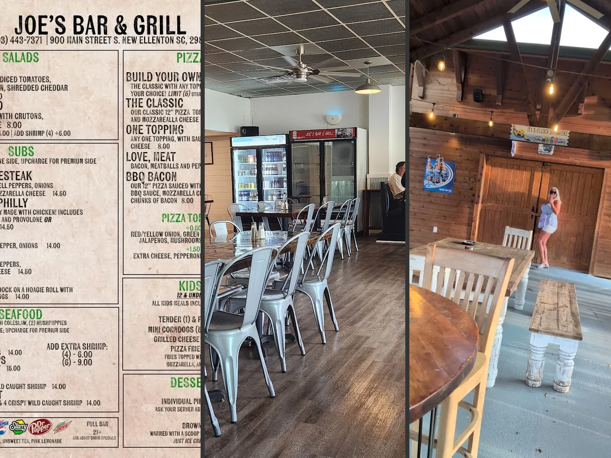 Casual bar seating with tables and stools.